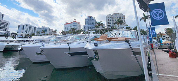 Cruisers Yachts models lined up at the dock