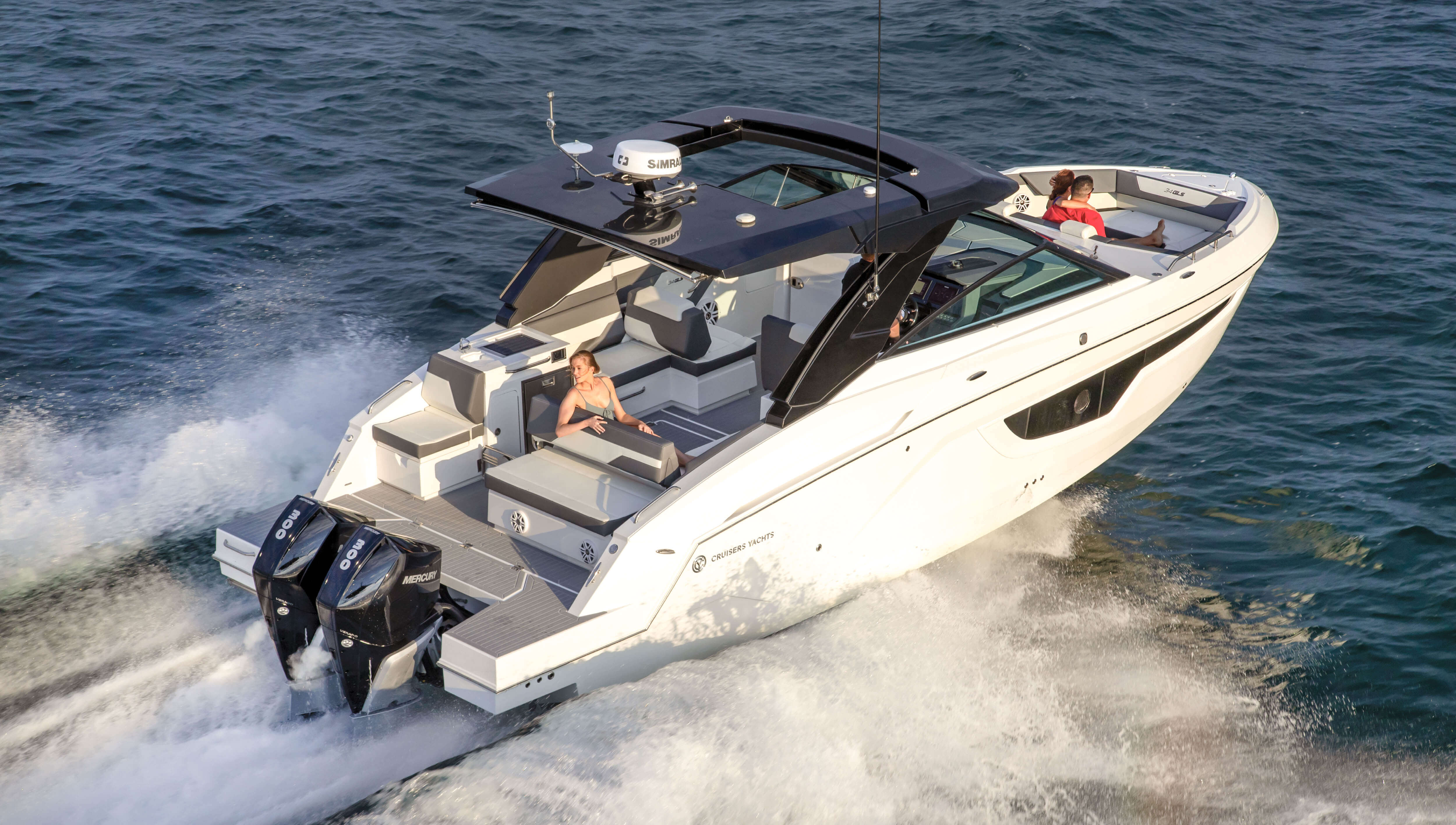 Aerial view of the Cruisers Yachts 34 GLS OB on the water