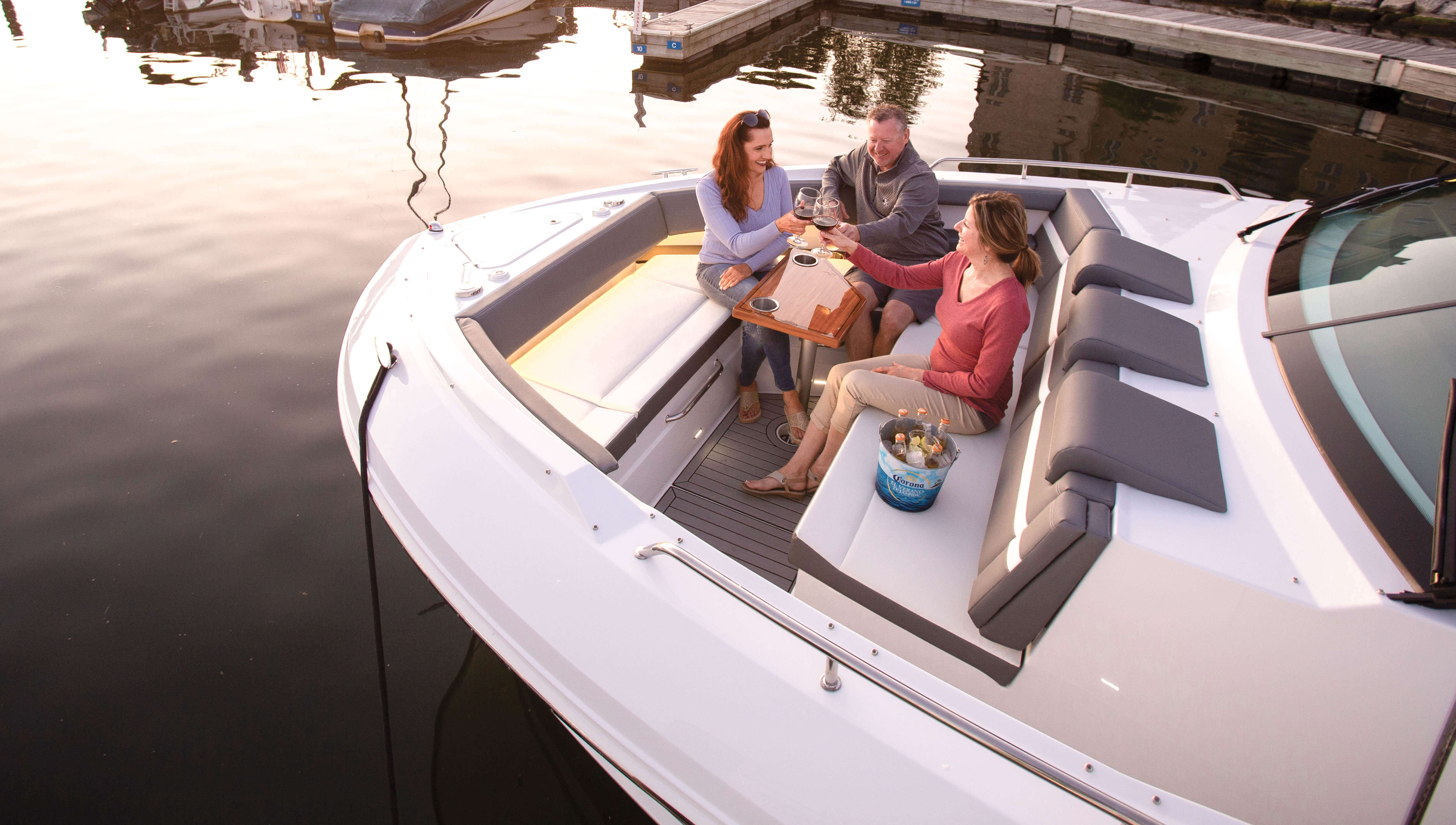 Family sitting on 38 GLS OB bow seating