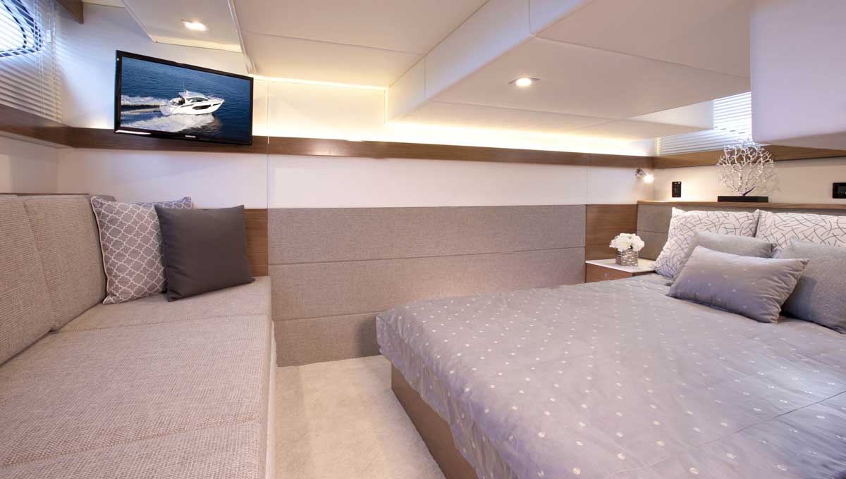 Cruisers Yachts 42 Cantius stateroom with tv and bed
