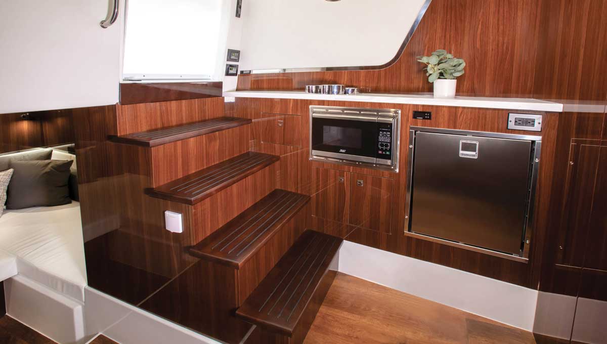 Cruisers Yachts 50 GLS lower salon stairs and galley