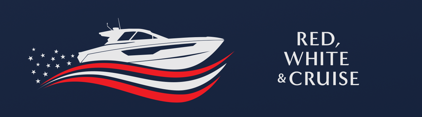 Cruisers Yachts outline sails above red, white, and blue waves with scattered stars.